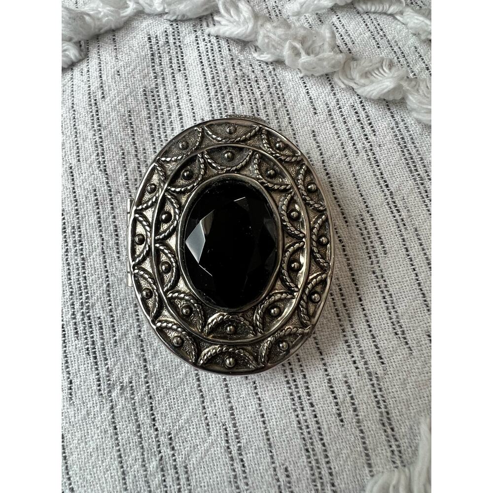 Vintage Avon Silver Tone With Black Stone Locket Pin Brooch Pendant